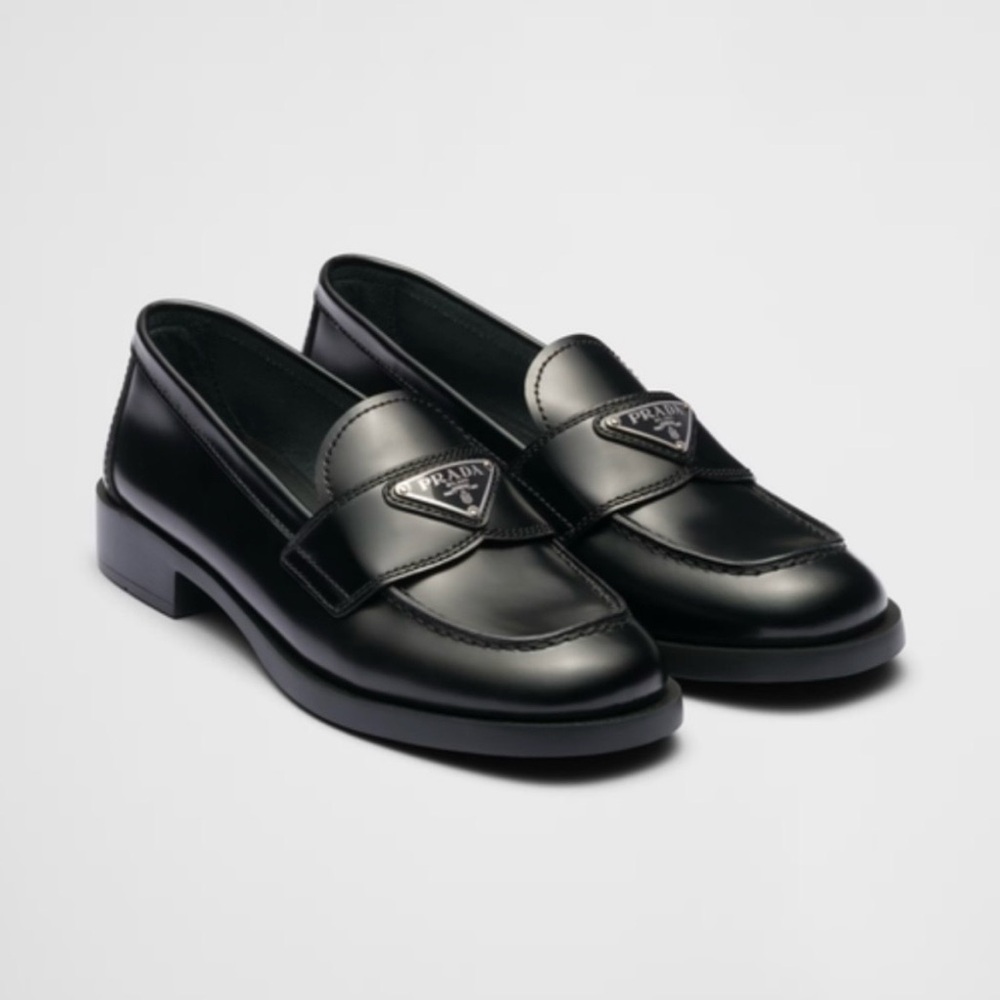 Prada Classic Black Brushed Leather Triangle Logo Loafers SZ 37.5